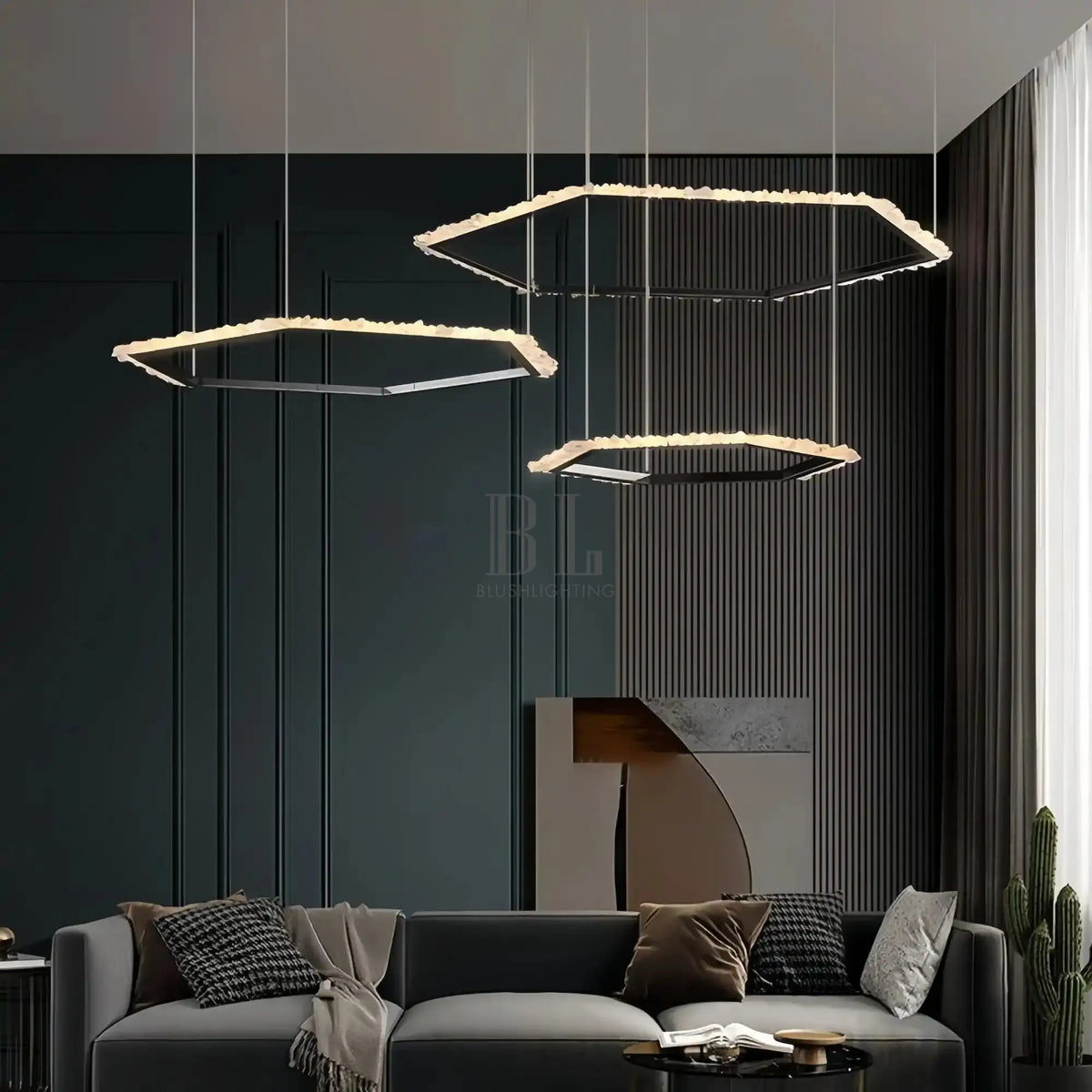 Gina Hexagonal Rock Crystal Black Ring Chandelier - Style Bgayusan