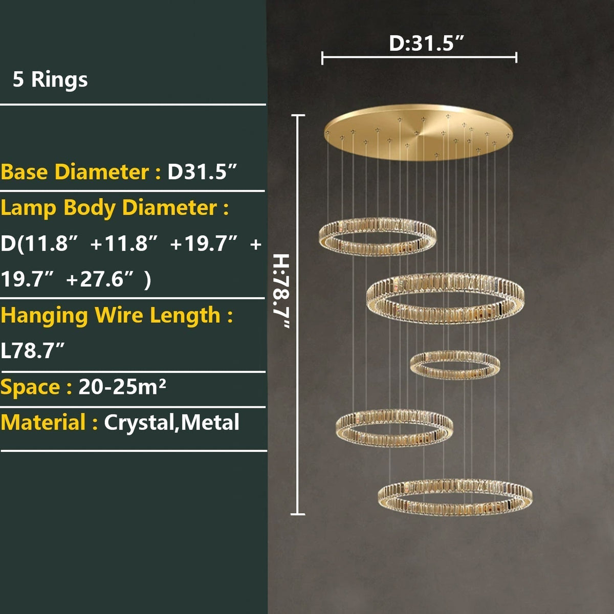 Modern Layered Ring Crystal Chandelier For High Ceiling Living Room /Foryer/Stairscase - 5 Rings:D23.6"*H78.7"Warm Lightgayusan