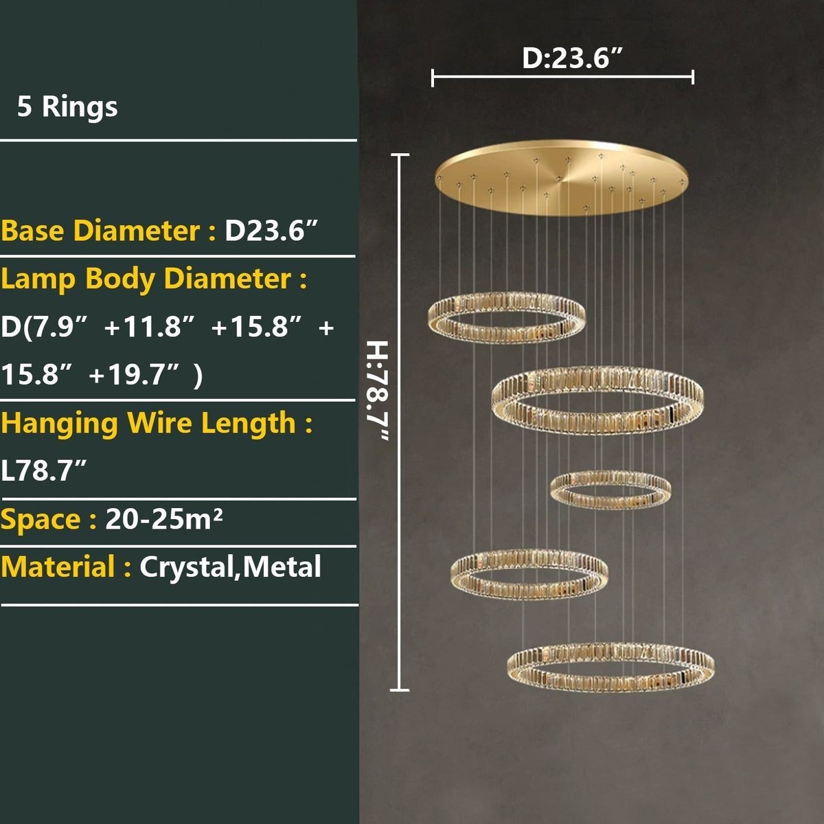 Modern Layered Ring Crystal Chandelier For High Ceiling Living Room /Foryer/Stairscase - 5 Rings:D23.6"*H78.7"Warm Lightgayusan