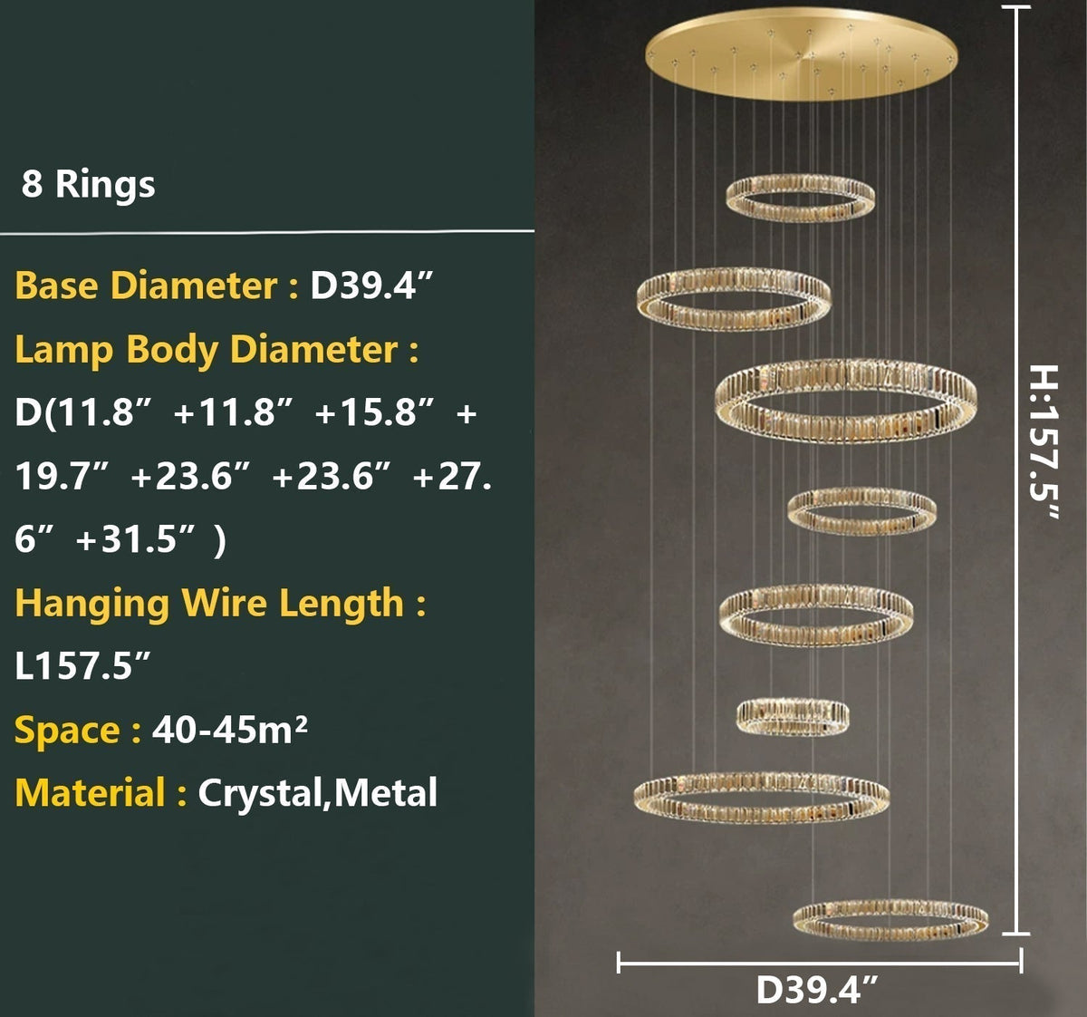 Modern Layered Ring Crystal Chandelier For High Ceiling Living Room /Foryer/Stairscase - 5 Rings:D23.6"*H78.7"Warm Lightgayusan
