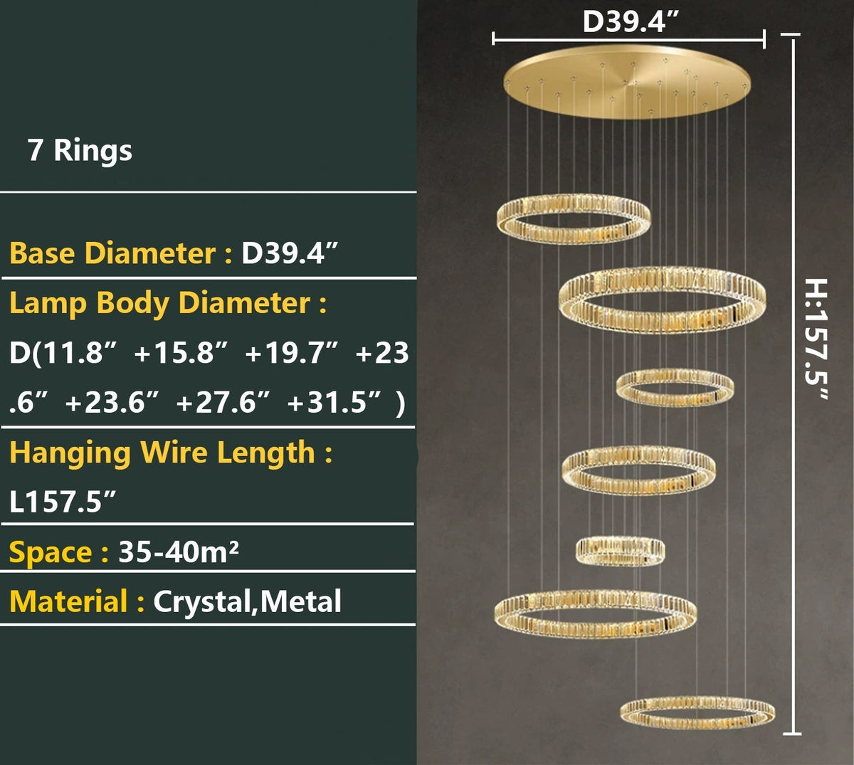 Modern Layered Ring Crystal Chandelier For High Ceiling Living Room /Foryer/Stairscase - 5 Rings:D23.6"*H78.7"Warm Lightgayusan