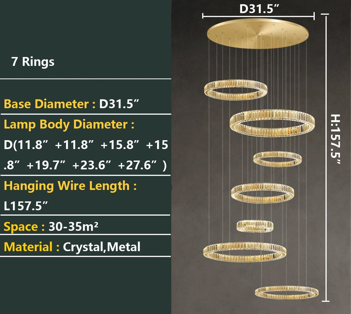 Modern Layered Ring Crystal Chandelier For High Ceiling Living Room /Foryer/Stairscase - 5 Rings:D23.6"*H78.7"Warm Lightgayusan