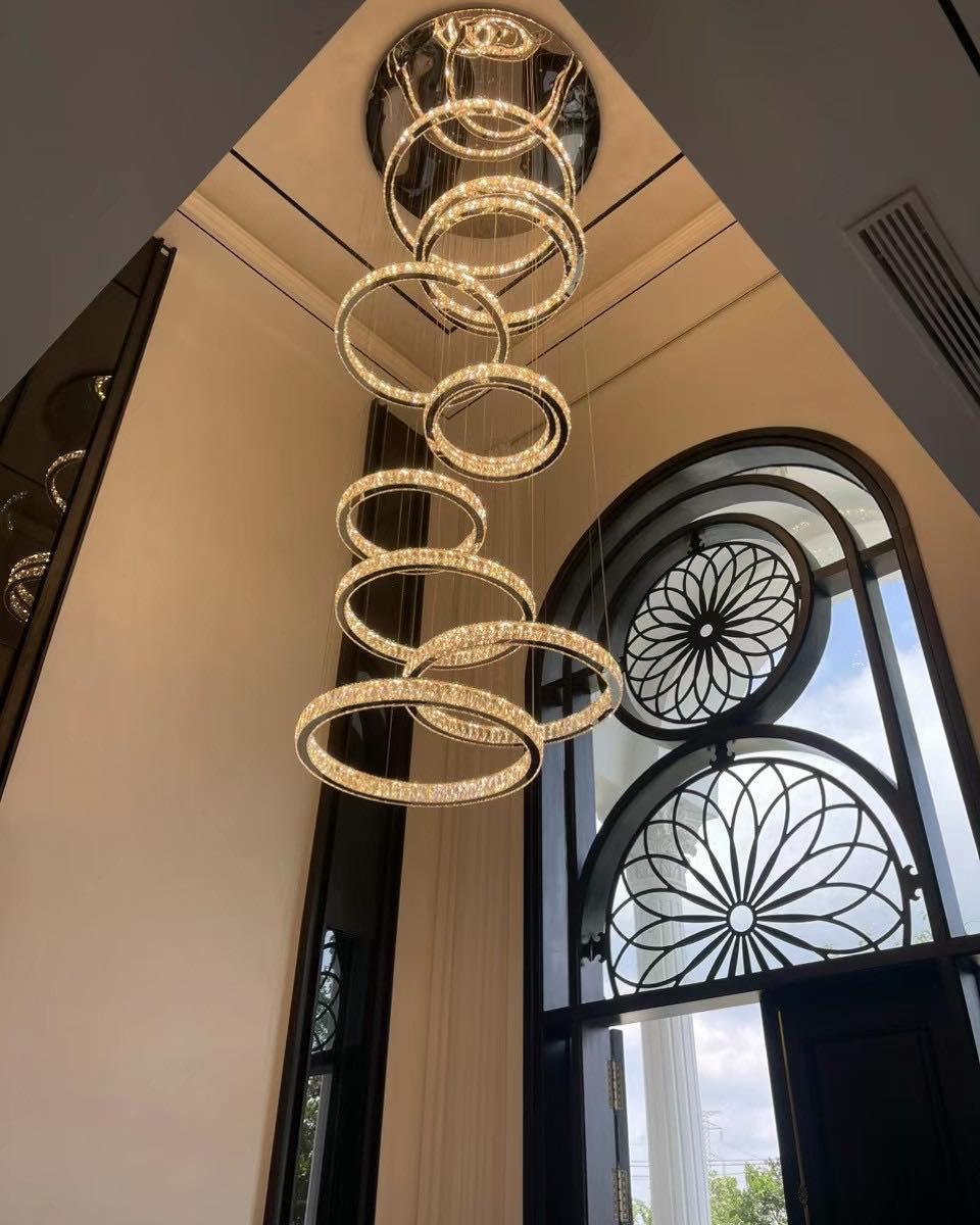 Modern Layered Ring Crystal Chandelier For High Ceiling Living Room /Foryer/Stairscase - 5 Rings:D23.6"*H78.7"Warm Lightgayusan