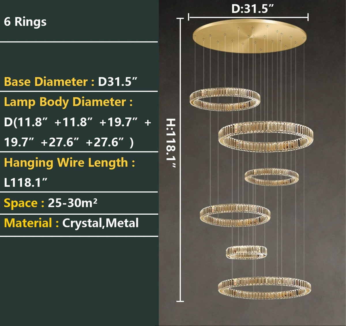 Modern Layered Ring Crystal Chandelier For High Ceiling Living Room /Foryer/Stairscase - 5 Rings:D23.6"*H78.7"Warm Lightgayusan