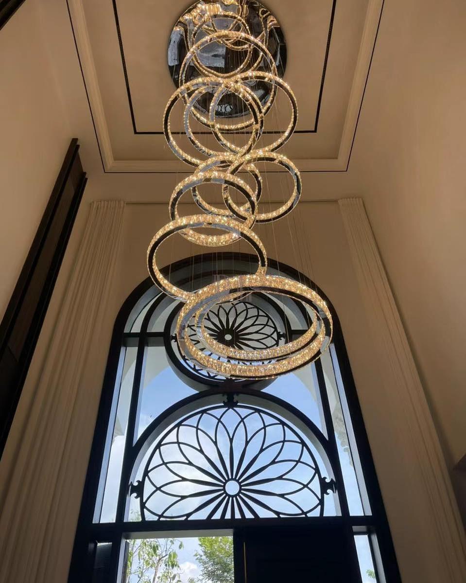 Modern Layered Ring Crystal Chandelier For High Ceiling Living Room /Foryer/Stairscase - 5 Rings:D23.6"*H78.7"Warm Lightgayusan