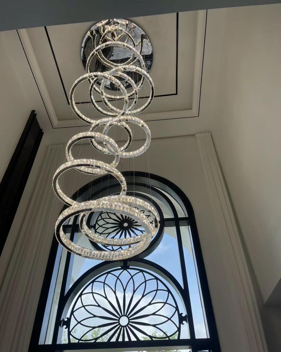 Modern Layered Ring Crystal Chandelier For High Ceiling Living Room /Foryer/Stairscase - 5 Rings:D23.6"*H78.7"Warm Lightgayusan