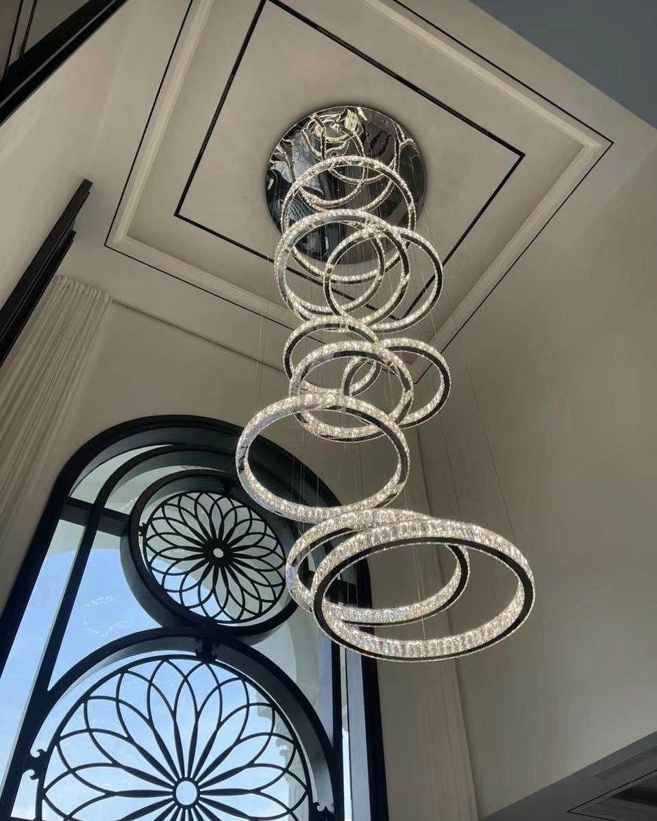 Modern Layered Ring Crystal Chandelier For High Ceiling Living Room /Foryer/Stairscase - 5 Rings:D23.6"*H78.7"Warm Lightgayusan