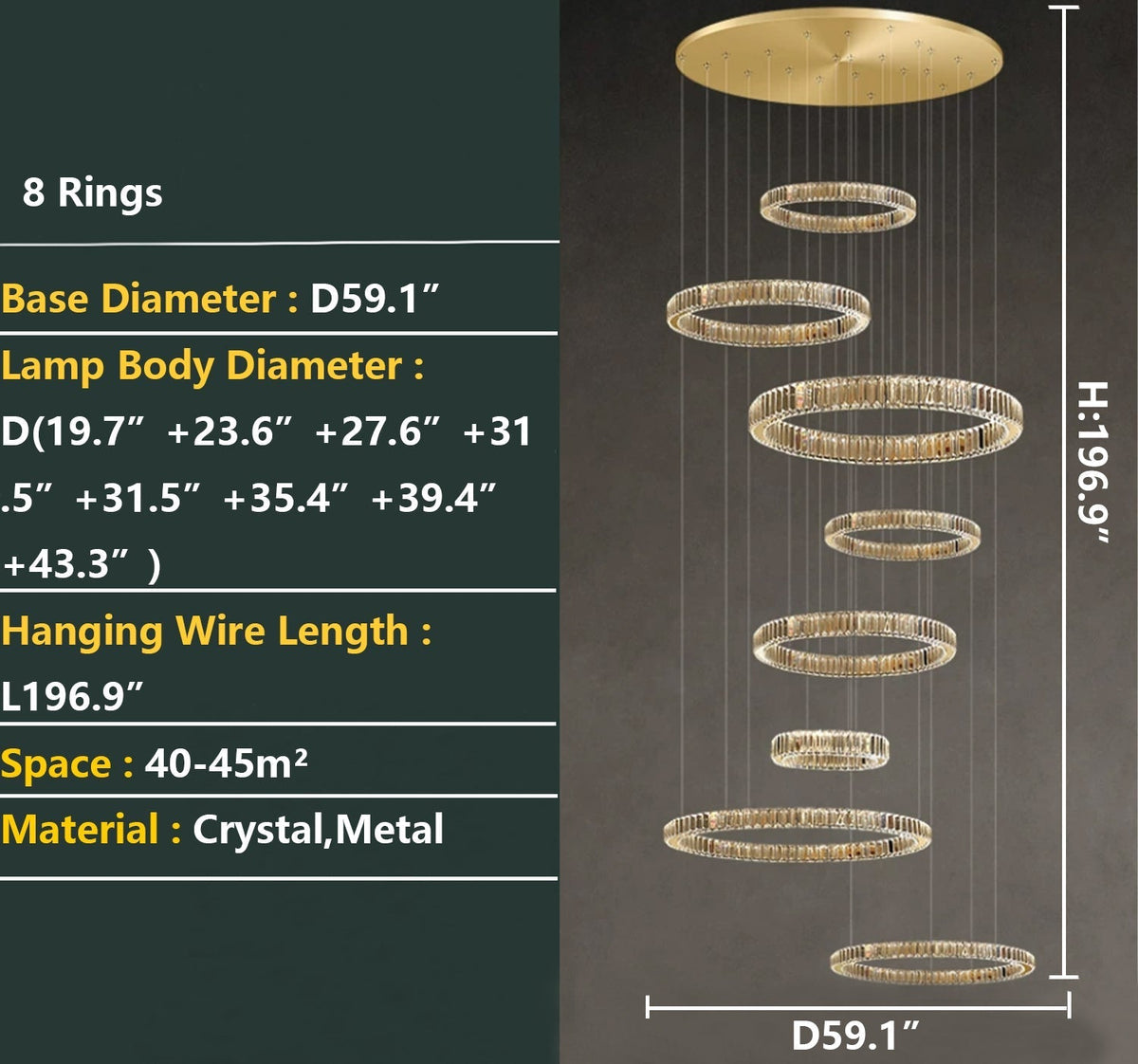 Modern Layered Ring Crystal Chandelier For High Ceiling Living Room /Foryer/Stairscase - 5 Rings:D23.6"*H78.7"Warm Lightgayusan