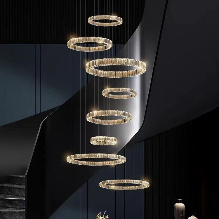 Modern Layered Ring Crystal Chandelier For High Ceiling Living Room /Foryer/Stairscase - 5 Rings:D23.6"*H78.7"Warm Lightgayusan