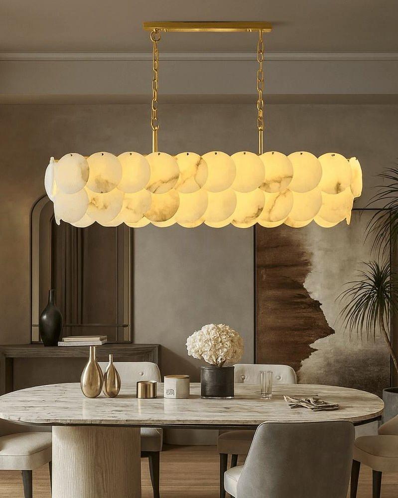 Rectangular Alabaster Chandelier Dia 100/120 with Round Shell Piece String Ceiling for Dining room - L100*W30*H40CM/L39.37*W11.81*H15.75"White + Brassgayusan