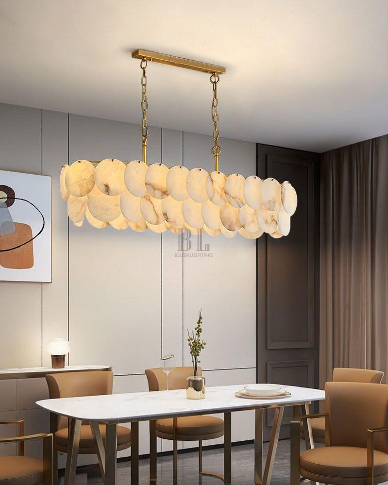 Rectangular Alabaster Chandelier Dia 100/120 with Round Shell Piece String Ceiling for Dining room - L100*W30*H40CM/L39.37*W11.81*H15.75"White + Brassgayusan