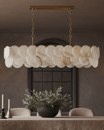 Rectangular Alabaster Chandelier Dia 100/120 with Round Shell Piece String Ceiling for Dining room - L100*W30*H40CM/L39.37*W11.81*H15.75"White + Brassgayusan