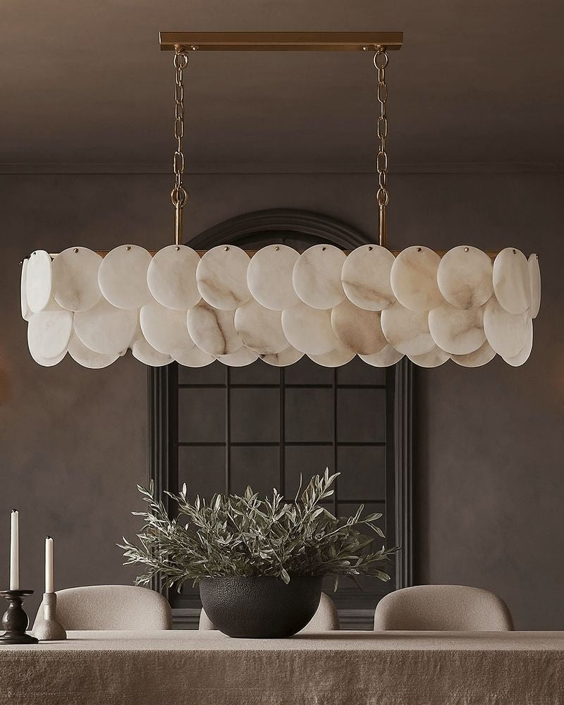 Rectangular Alabaster Chandelier Dia 100/120 with Round Shell Piece String Ceiling for Dining room - L100*W30*H40CM/L39.37*W11.81*H15.75"White + Brassgayusan
