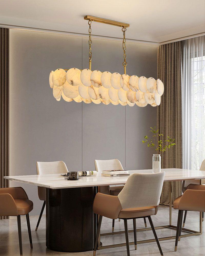 Rectangular Alabaster Chandelier Dia 100/120 with Round Shell Piece String Ceiling for Dining room - L100*W30*H40CM/L39.37*W11.81*H15.75"White + Brassgayusan