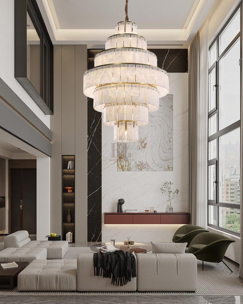Stairwell Luxury Modern LED High Ceiling Large Alabaster Chandelier - 14 - light - L60*H45CM/L23.62"*H17.72"Warm lightWhite + Brassgayusan