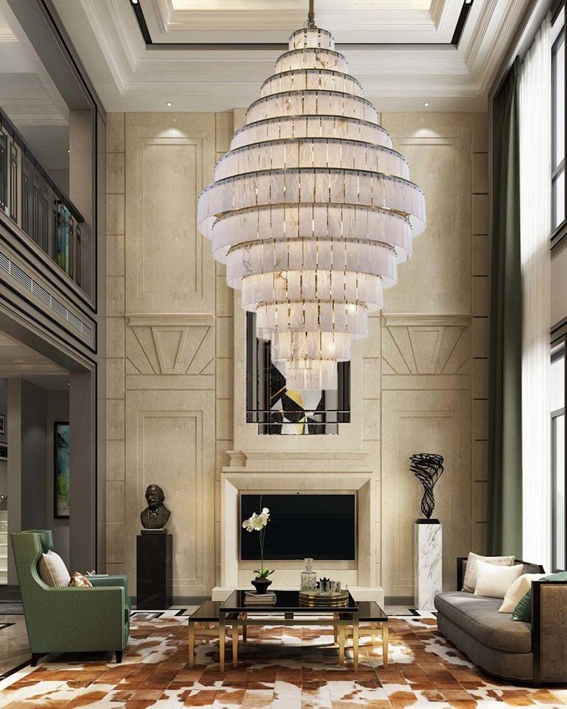 Stairwell Luxury Modern LED High Ceiling Large Alabaster Chandelier - 14 - light - L60*H45CM/L23.62"*H17.72"Warm lightWhite + Brassgayusan