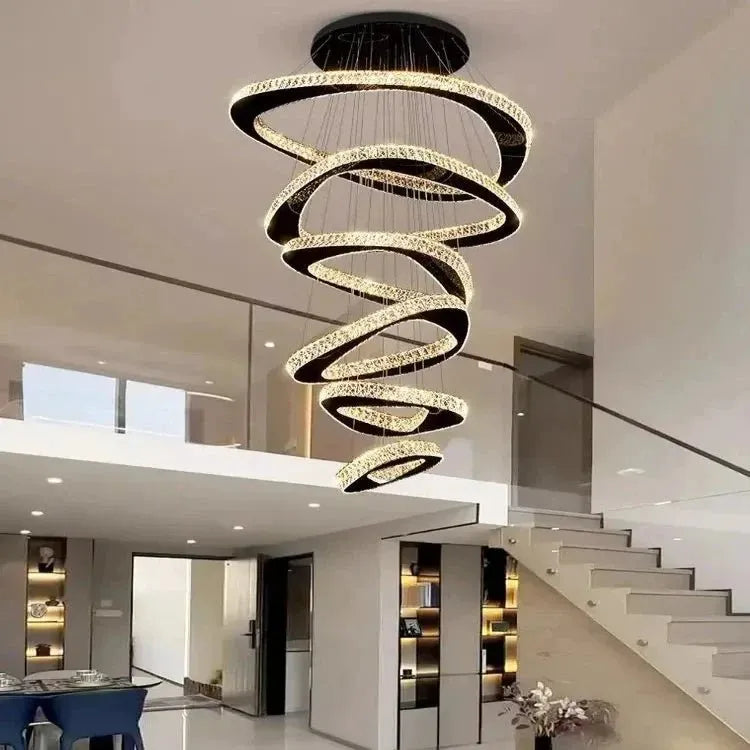 Twisted Ring Led Light Chandelier for High Ceiling - BlackWarm Light 3000Kgayusan