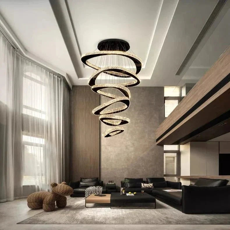 Twisted Ring Led Light Chandelier for High Ceiling - BlackWarm Light 3000Kgayusan