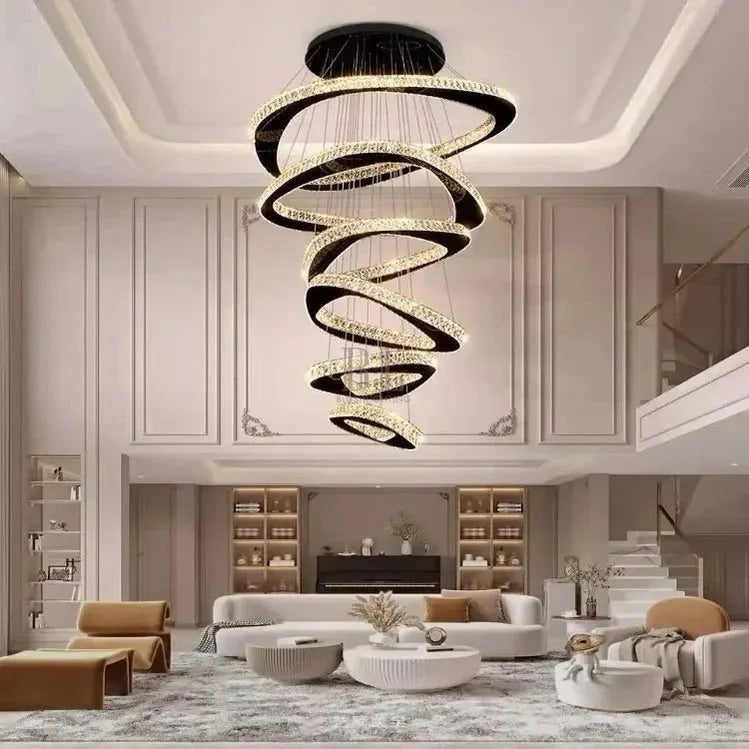 Twisted Ring Led Light Chandelier for High Ceiling - BlackWarm Light 3000Kgayusan