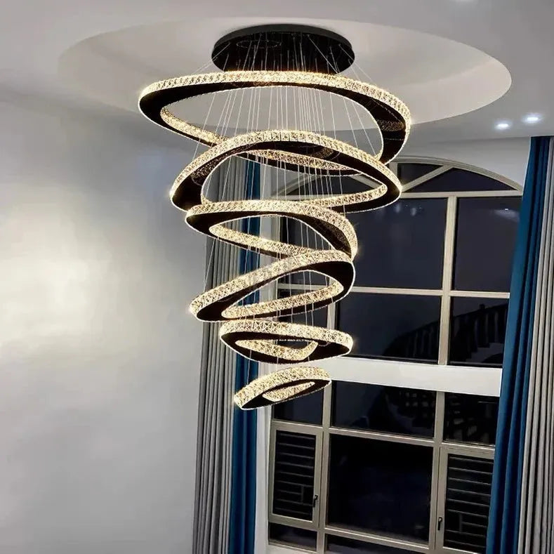 Twisted Ring Led Light Chandelier for High Ceiling - BlackWarm Light 3000Kgayusan